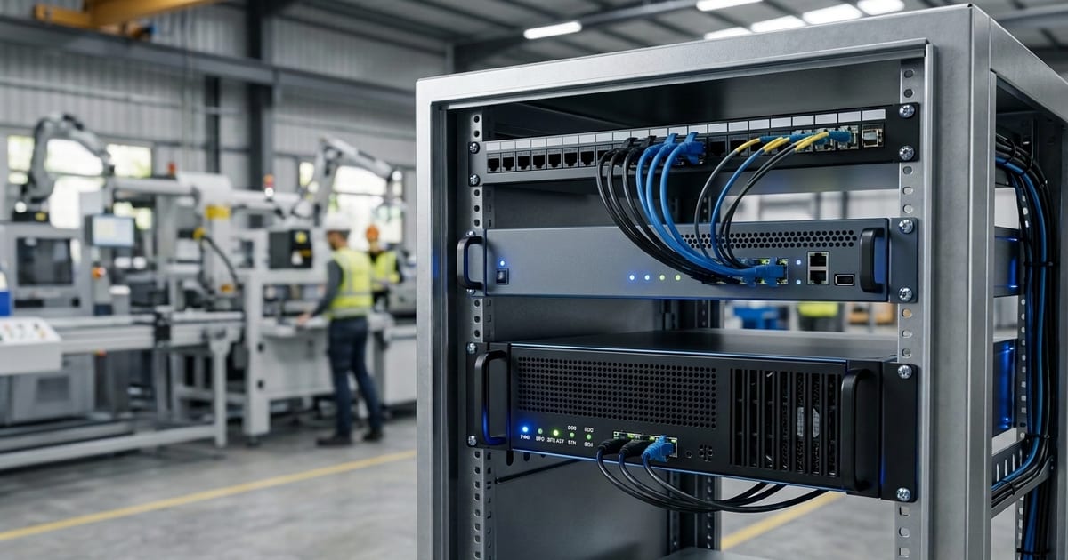 Rugged rackmount edge AI servers in an industrial edge cabinet on a factory floor