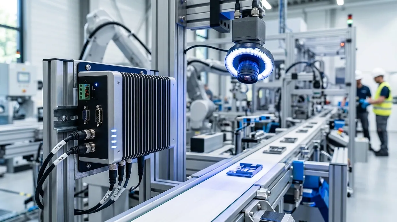 Lüfterloser industrieller Edge-KI-Computer verarbeitet Bildverarbeitungsdaten an einer Produktionslinie in einer Smart Factory