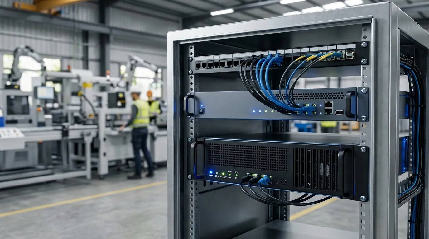 Server edge AI rackmount robusti installati in un armadio edge industriale in una smart factory