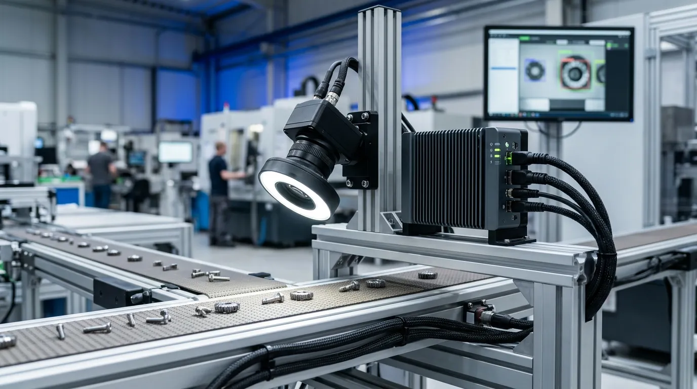 Telecamera industriale per visione artificiale con illuminatore ad anello che ispeziona pezzi su un nastro trasportatore, collegata a un computer edge AI senza ventola